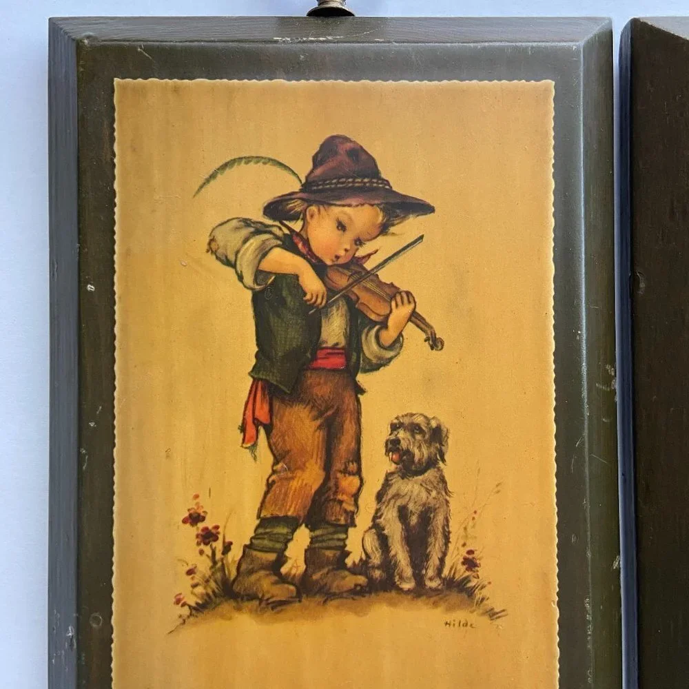 Vintage Cute  Wooden Wall Decor Boy Girl Dogs 2 pc